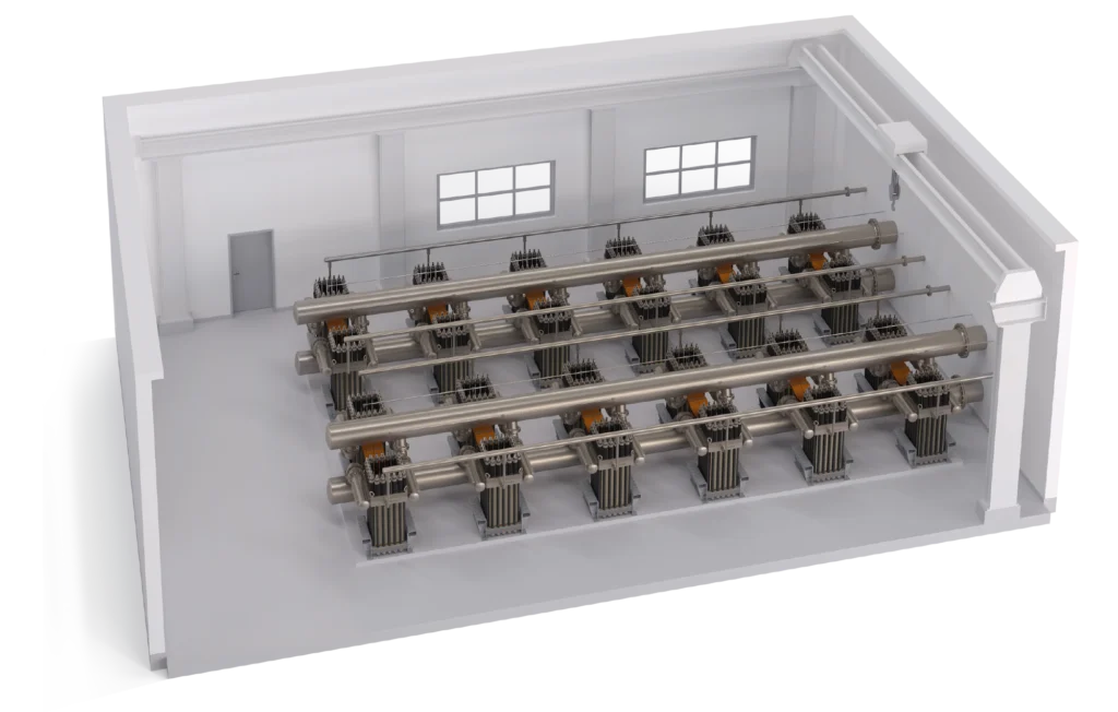 Halle mit 24 hyworx XL Electrolyzer Stacks mit einer Nennleistung 108 MW