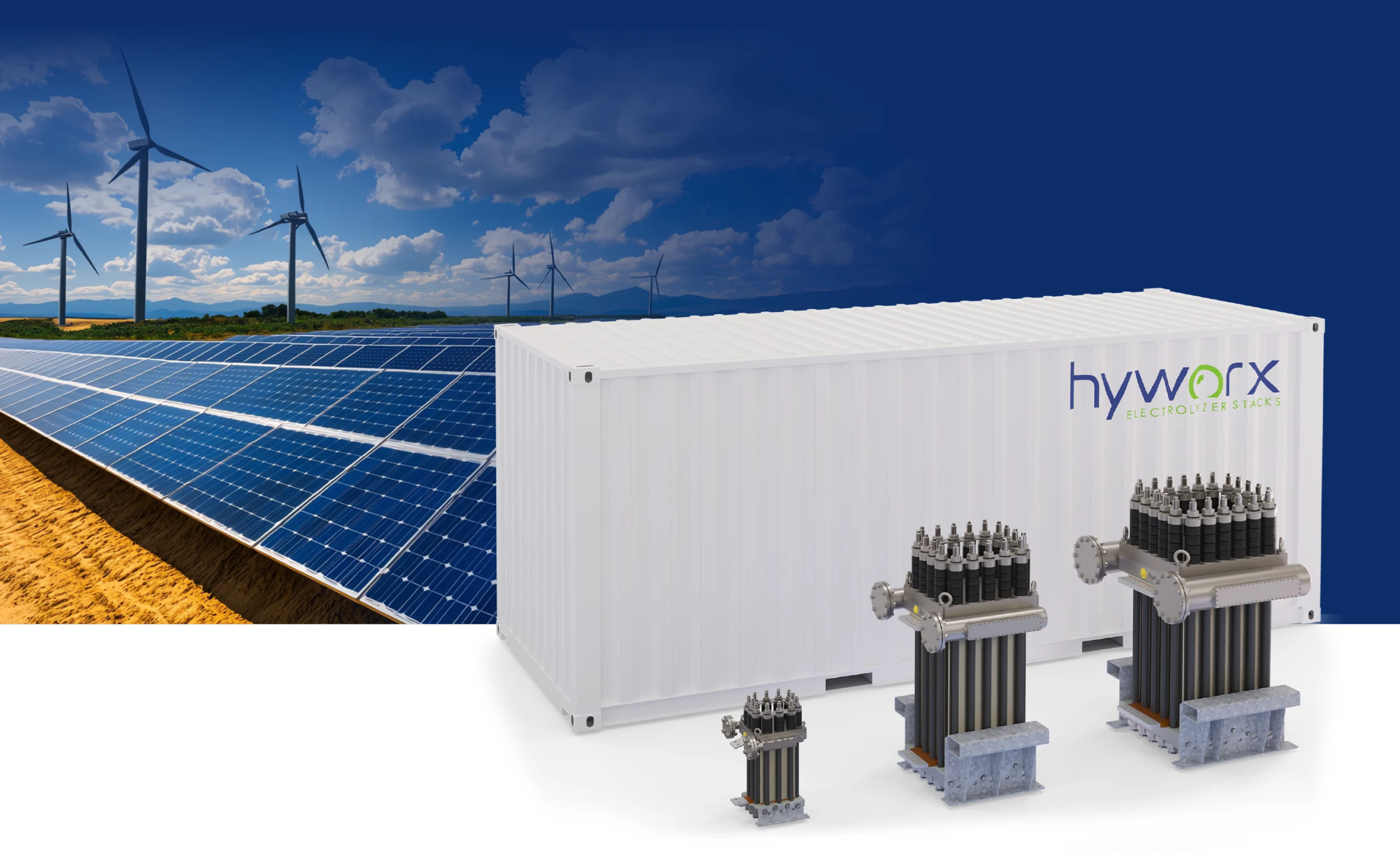 windpark und solarpark und container mit hyworx electrolyzer stacks